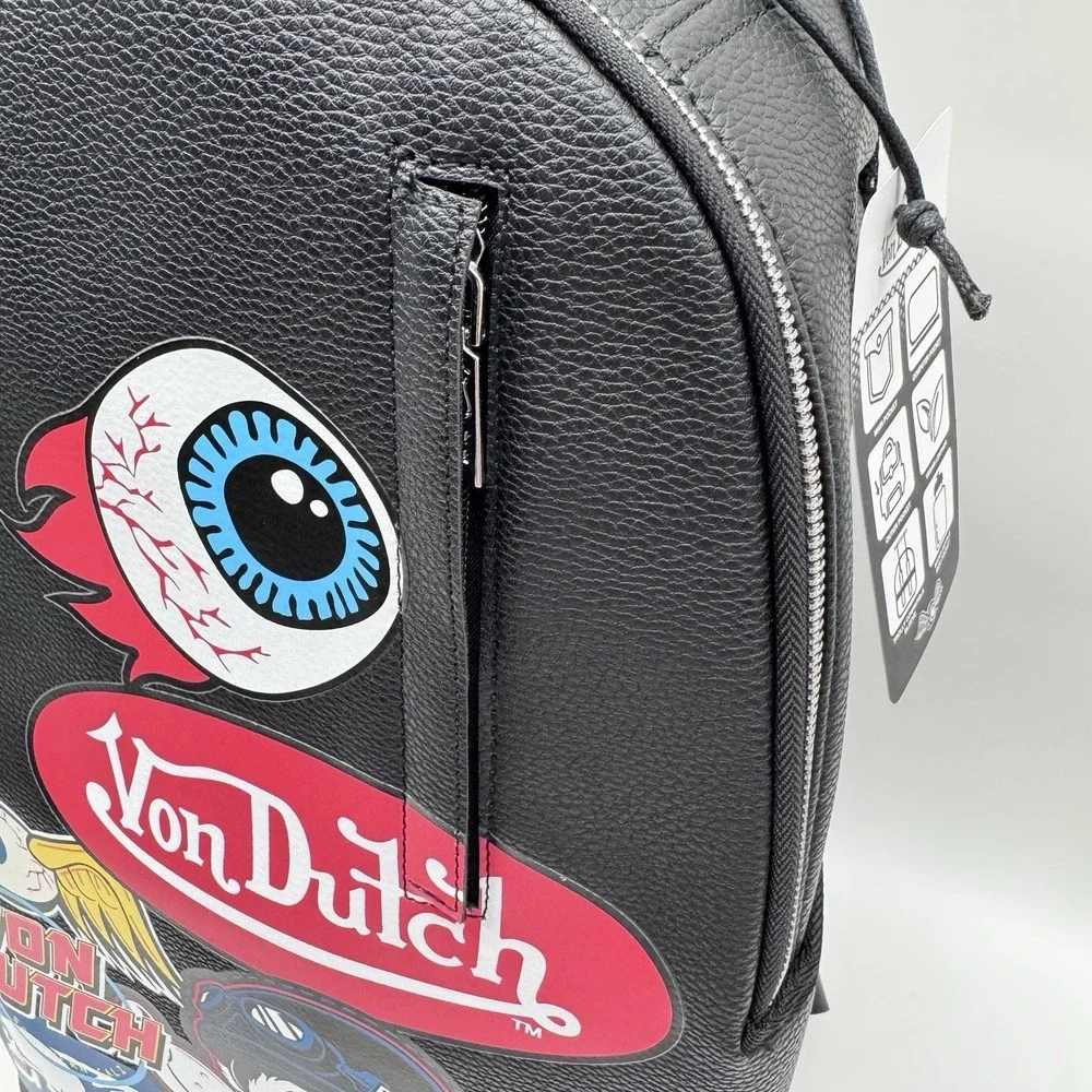 Von Dutch Sticker Logo Backpack Black Faux Leather Y2K VDBP-013 New With Tags